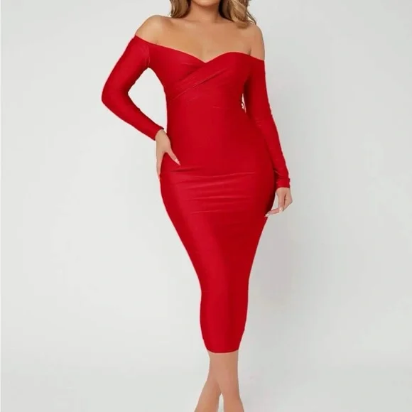 WOMENS XL BODYCON SEXY RED OFF SHOULDER DRESS - Picture 2 of 8